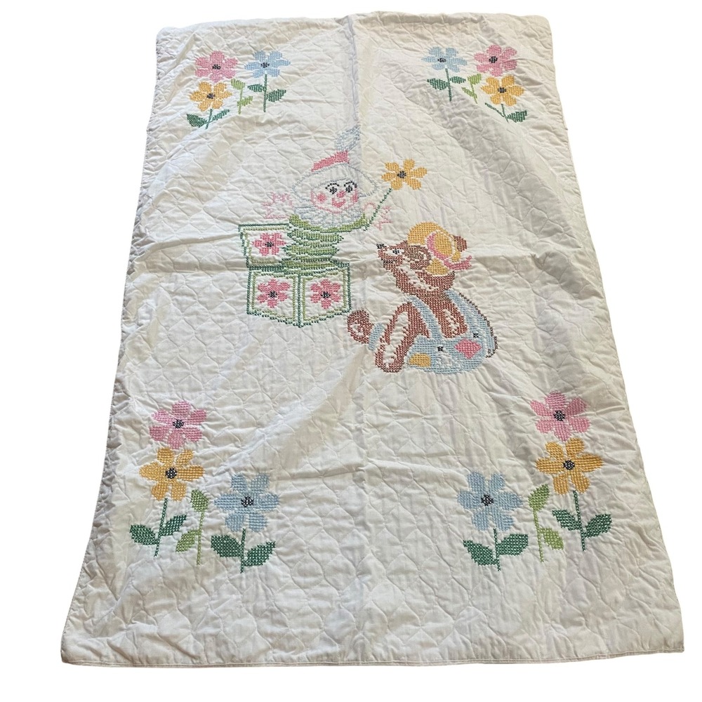 Vintage Handmade Cross Stitch Baby Quilt Jack-in-the-Box Bear Floral White 36x55